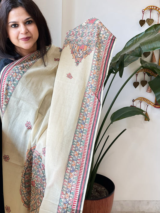 Beige Handpainted Madhubani Dupatta in Pure Cotton - Masakalee