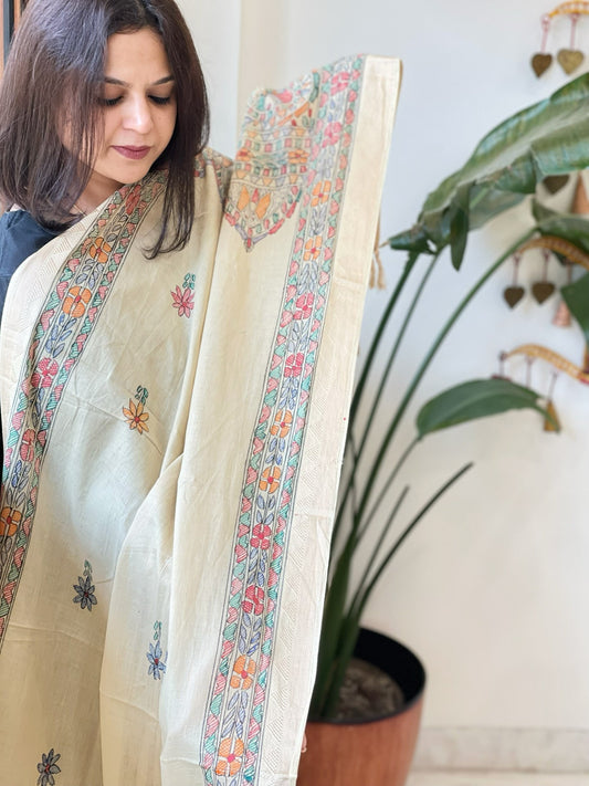 Beige Handpainted Madhubani Dupatta in Pure Cotton - Masakalee