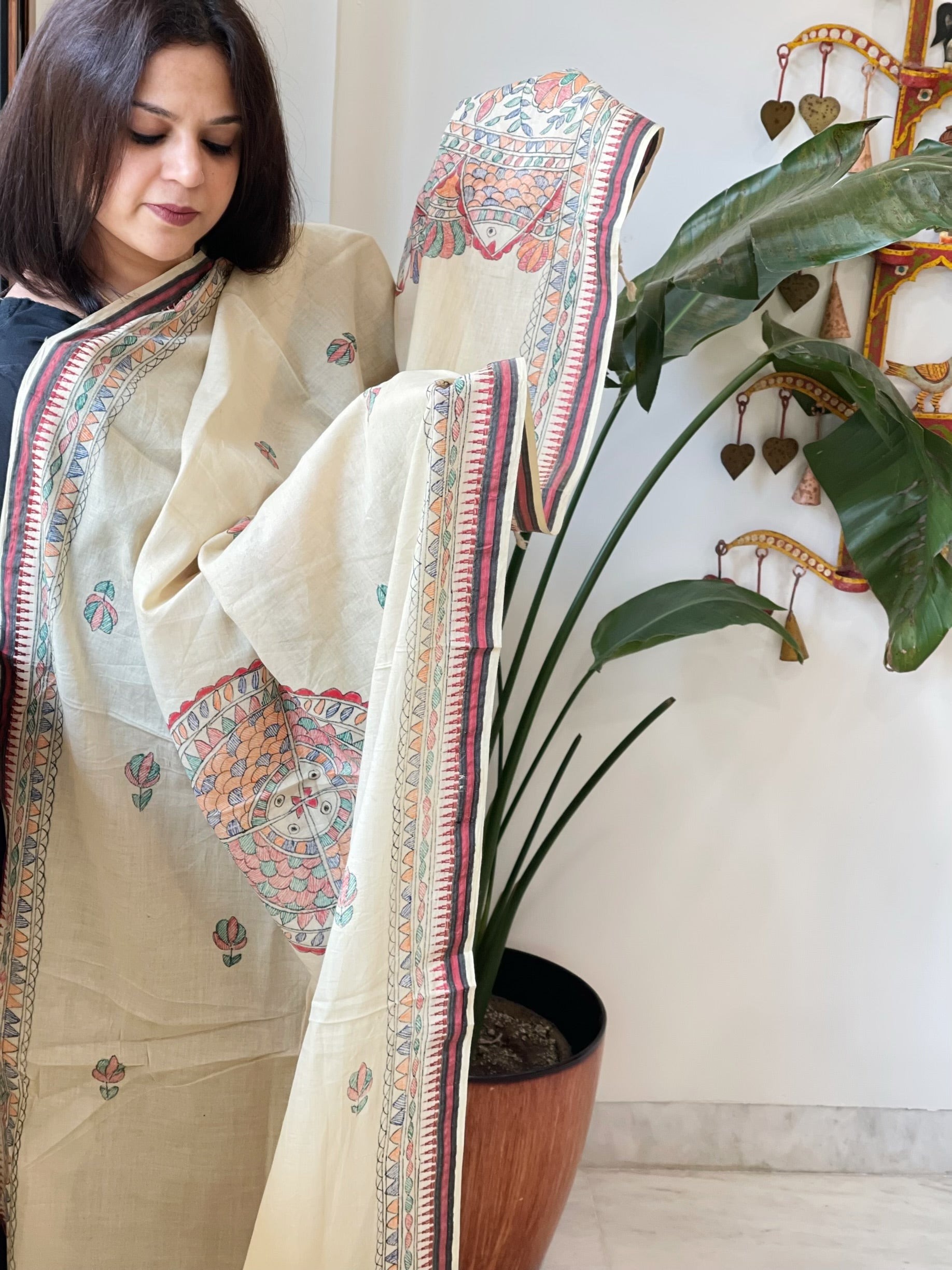 Beige Handpainted Madhubani Dupatta in Pure Cotton - Masakalee