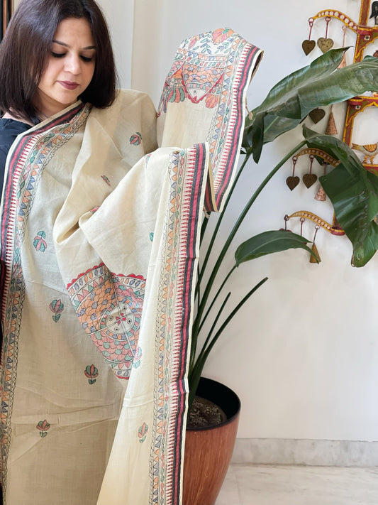 Beige Handpainted Madhubani Dupatta in Pure Cotton - Masakalee