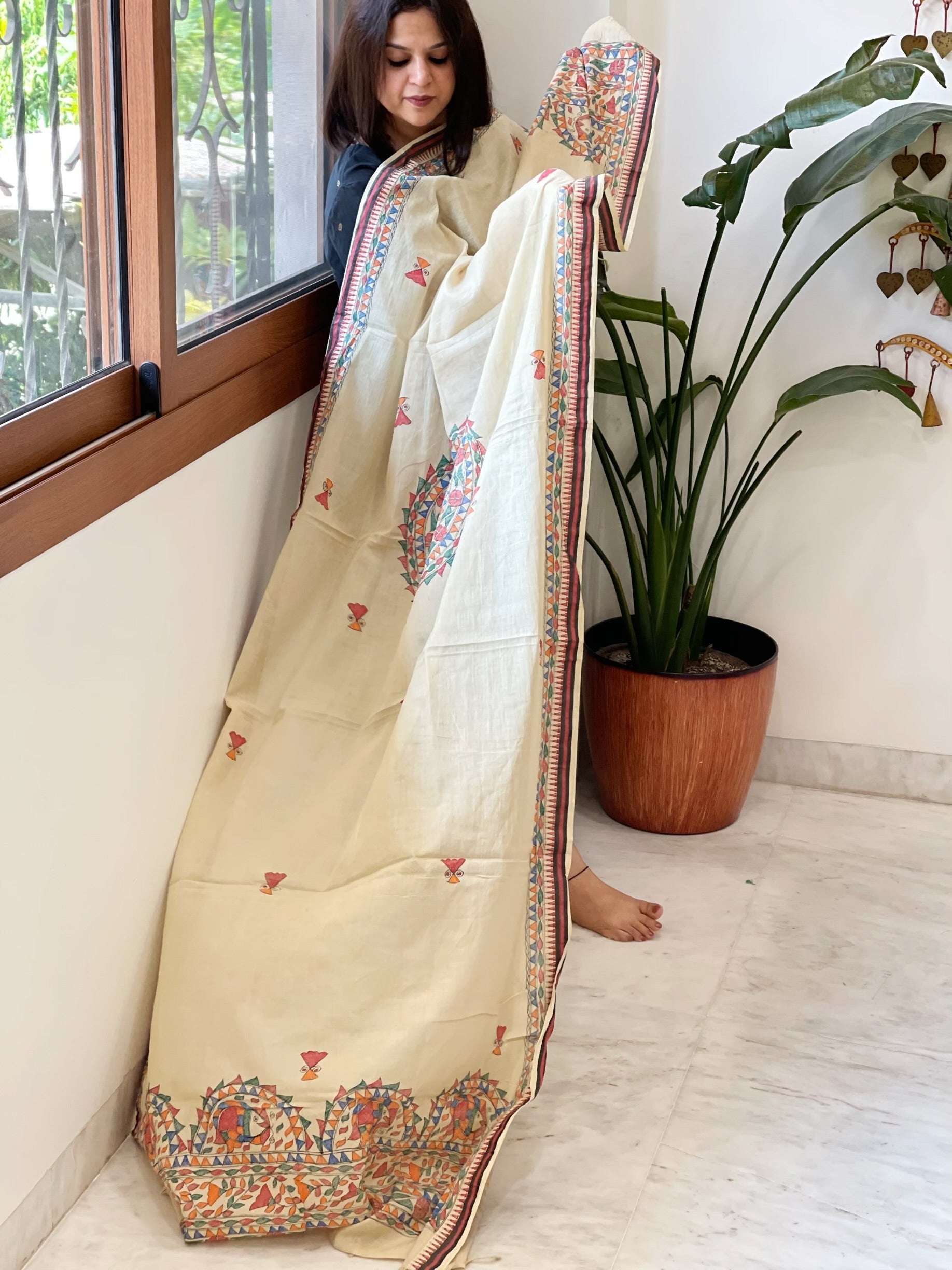 Beige Handpainted Madhubani Dupatta in Pure Cotton - Masakalee
