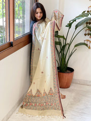 Beige Handpainted Madhubani Dupatta in Pure Cotton - Masakalee