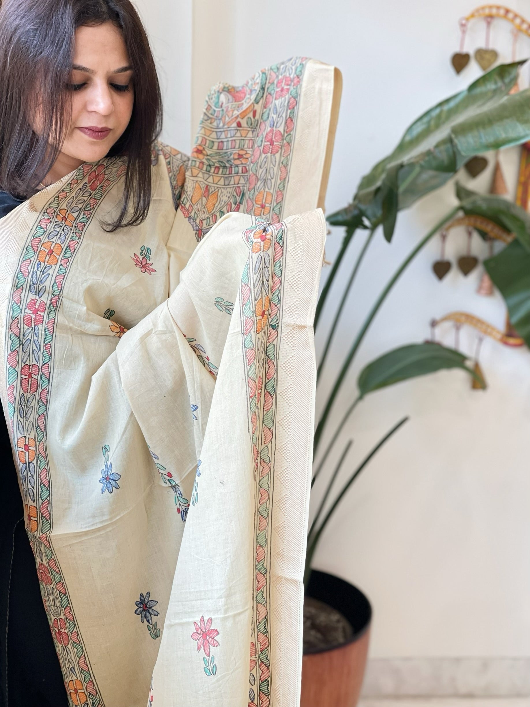 Beige Handpainted Madhubani Dupatta in Pure Cotton - Masakalee