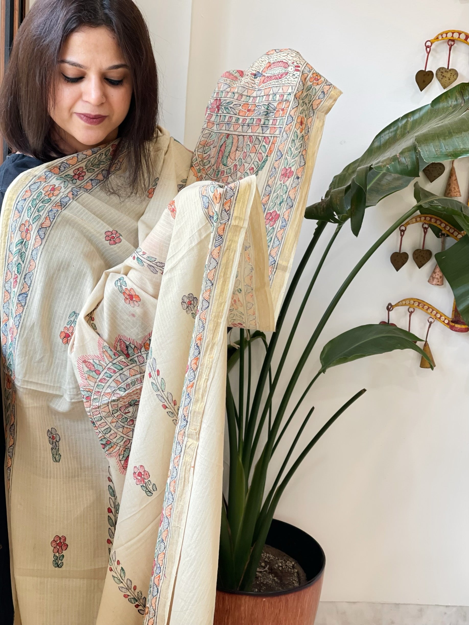 Beige Handpainted Madhubani Dupatta in Pure Cotton - Masakalee