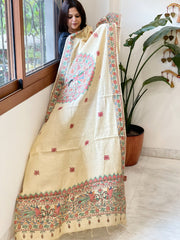 Beige Handpainted Madhubani Dupatta in Pure Cotton - Masakalee