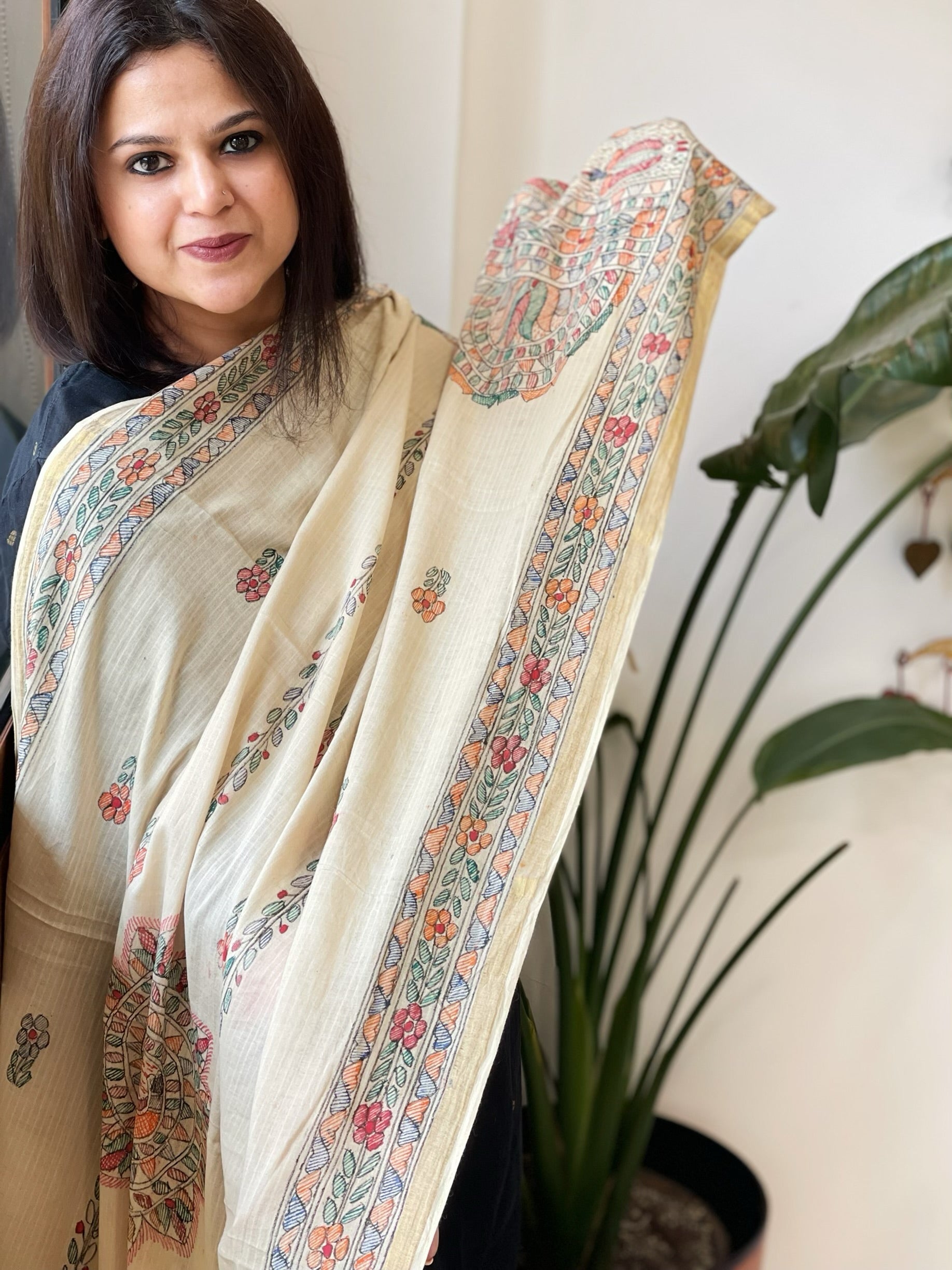 Beige Handpainted Madhubani Dupatta in Pure Cotton - Masakalee