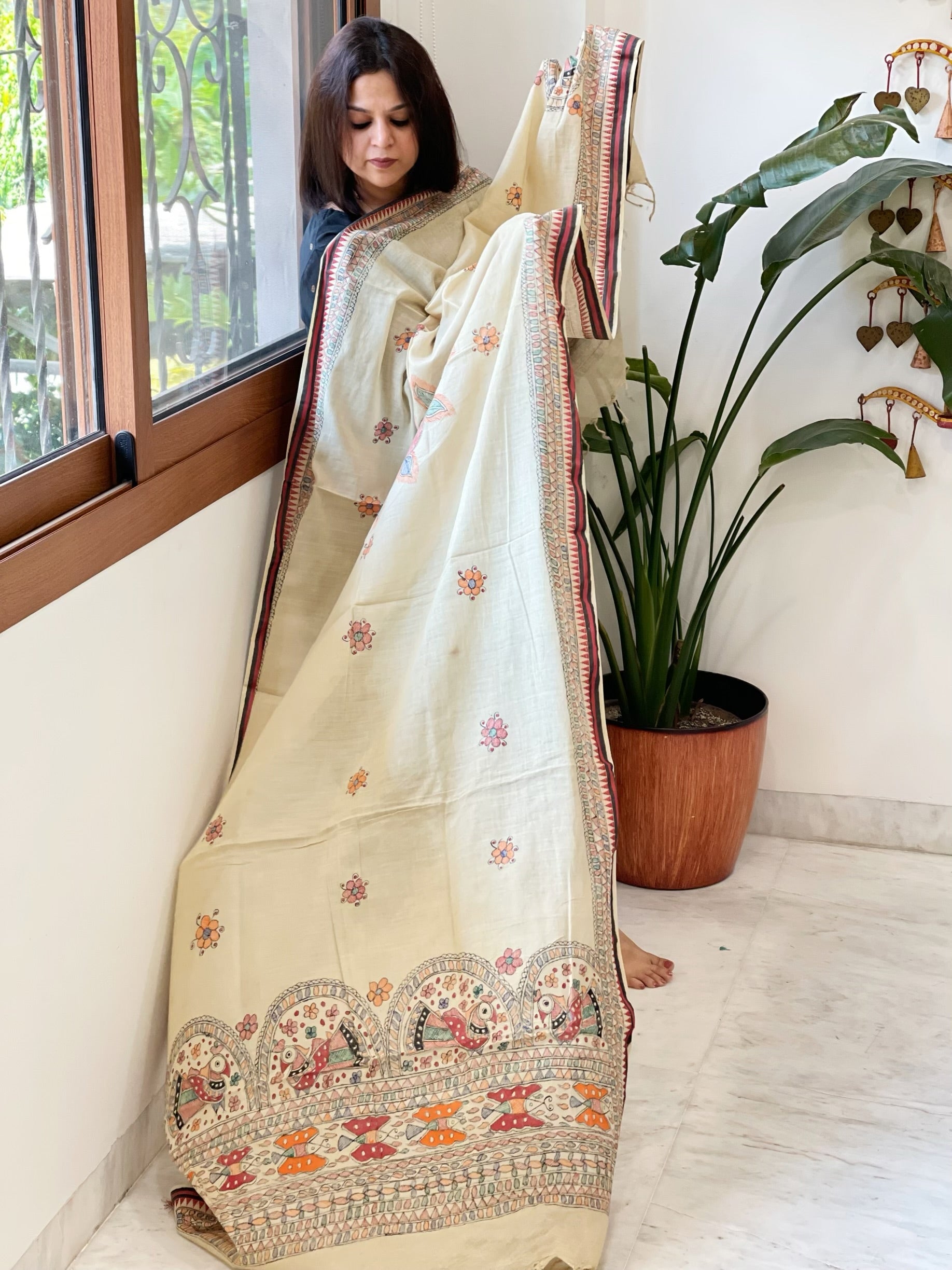 Beige Handpainted Madhubani Dupatta in Pure Cotton - Masakalee