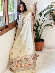 Beige Handpainted Madhubani Dupatta in Pure Cotton - Masakalee