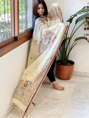 Beige Handpainted Madhubani Dupatta in Pure Cotton - Masakalee