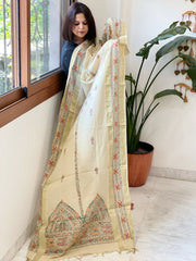 Beige Handpainted Madhubani Dupatta in Pure Cotton - Masakalee