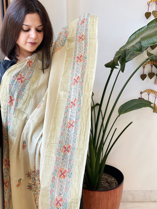 Beige Handpainted Madhubani Dupatta in Pure Cotton - Masakalee