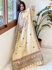 Beige Handpainted Madhubani Dupatta in Pure Cotton - Masakalee