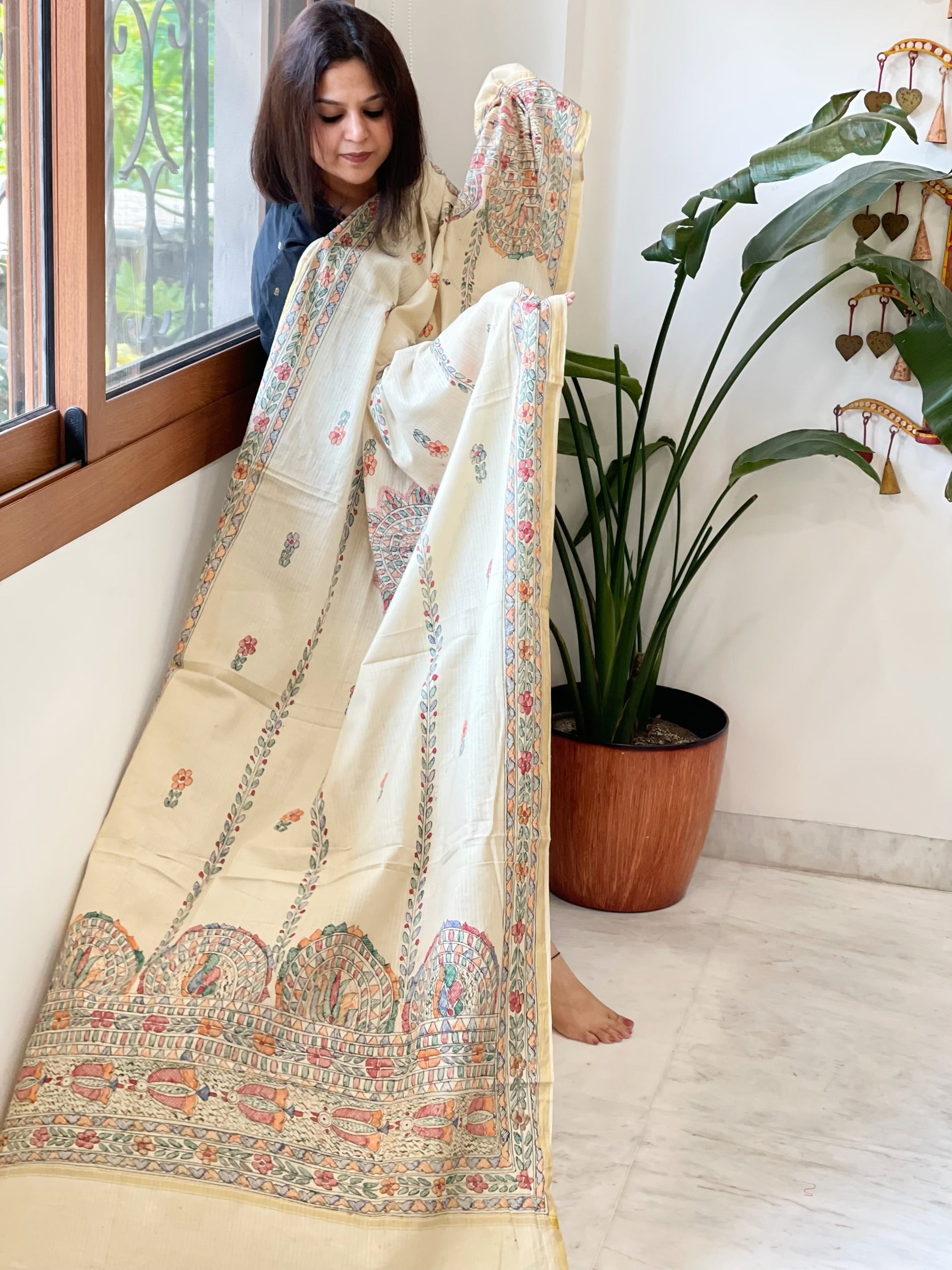 Beige Handpainted Madhubani Dupatta in Pure Cotton - Masakalee
