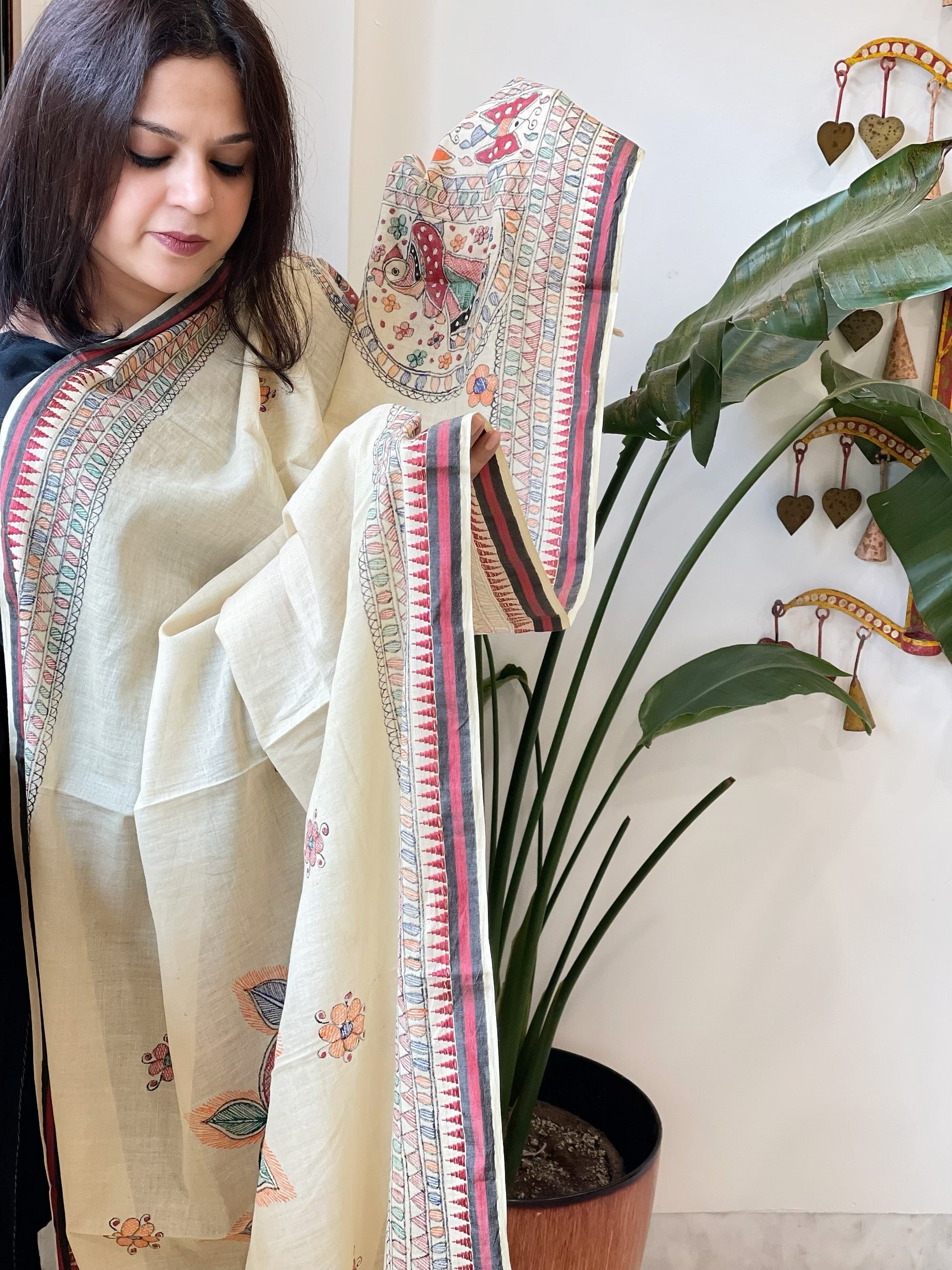 Beige Handpainted Madhubani Dupatta in Pure Cotton - Masakalee