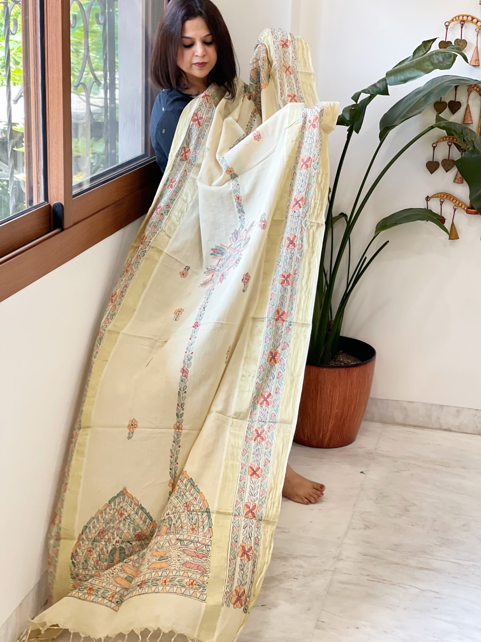Beige Handpainted Madhubani Dupatta in Pure Cotton - Masakalee