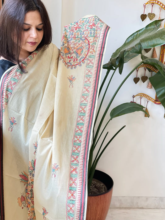 Beige Handpainted Madhubani Dupatta in Pure Cotton - Masakalee