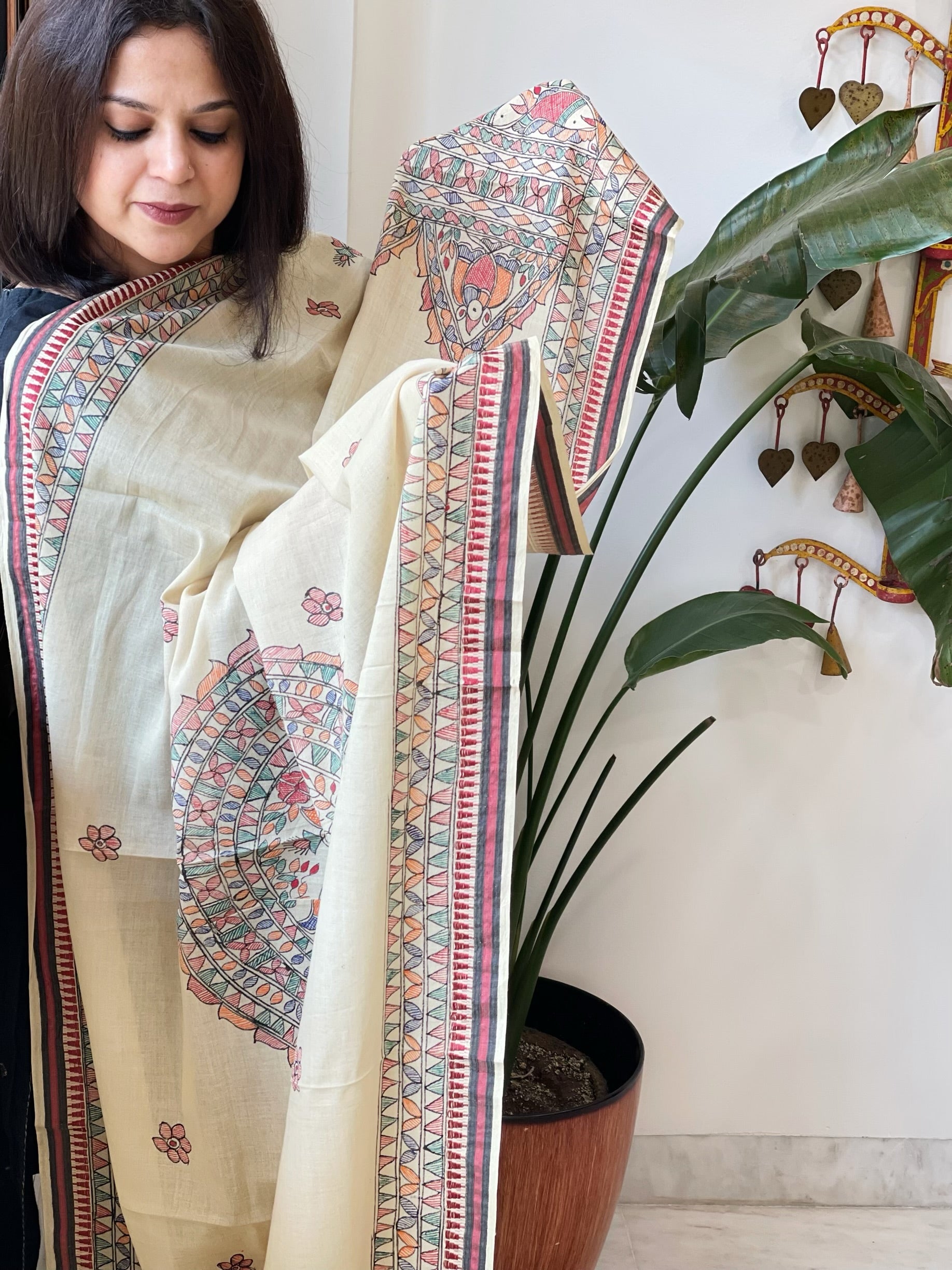 Beige Handpainted Madhubani Dupatta in Pure Cotton - Masakalee