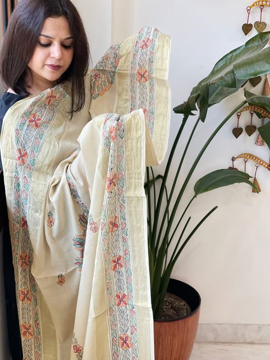 Beige Handpainted Madhubani Dupatta in Pure Cotton - Masakalee
