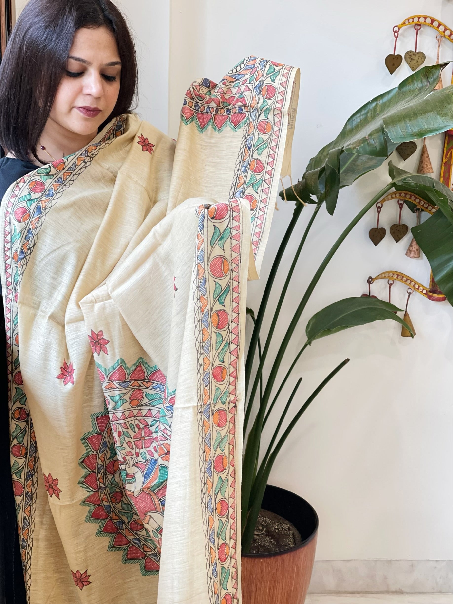 Beige Handpainted Madhubani Dupatta in Pure Cotton - Masakalee