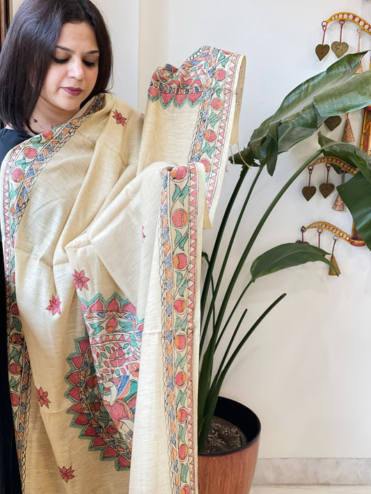 Beige Handpainted Madhubani Dupatta in Pure Cotton - Masakalee