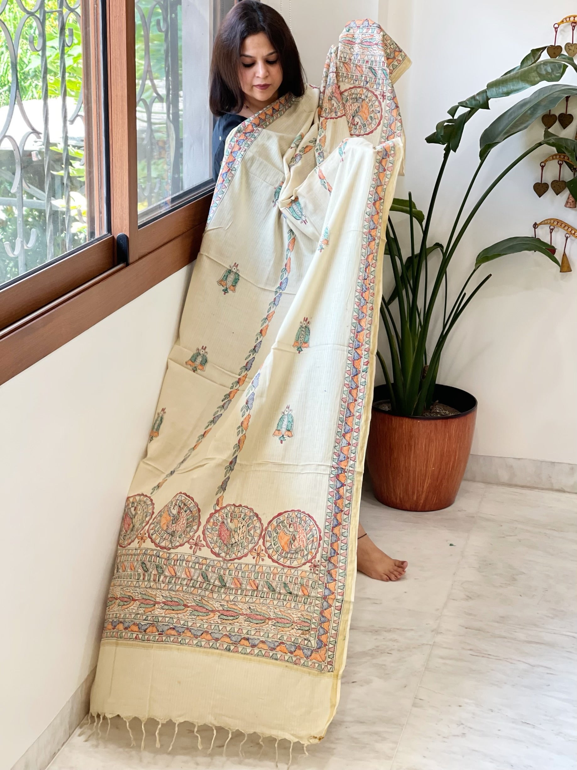 Beige Handpainted Madhubani Dupatta in Pure Cotton - Masakalee