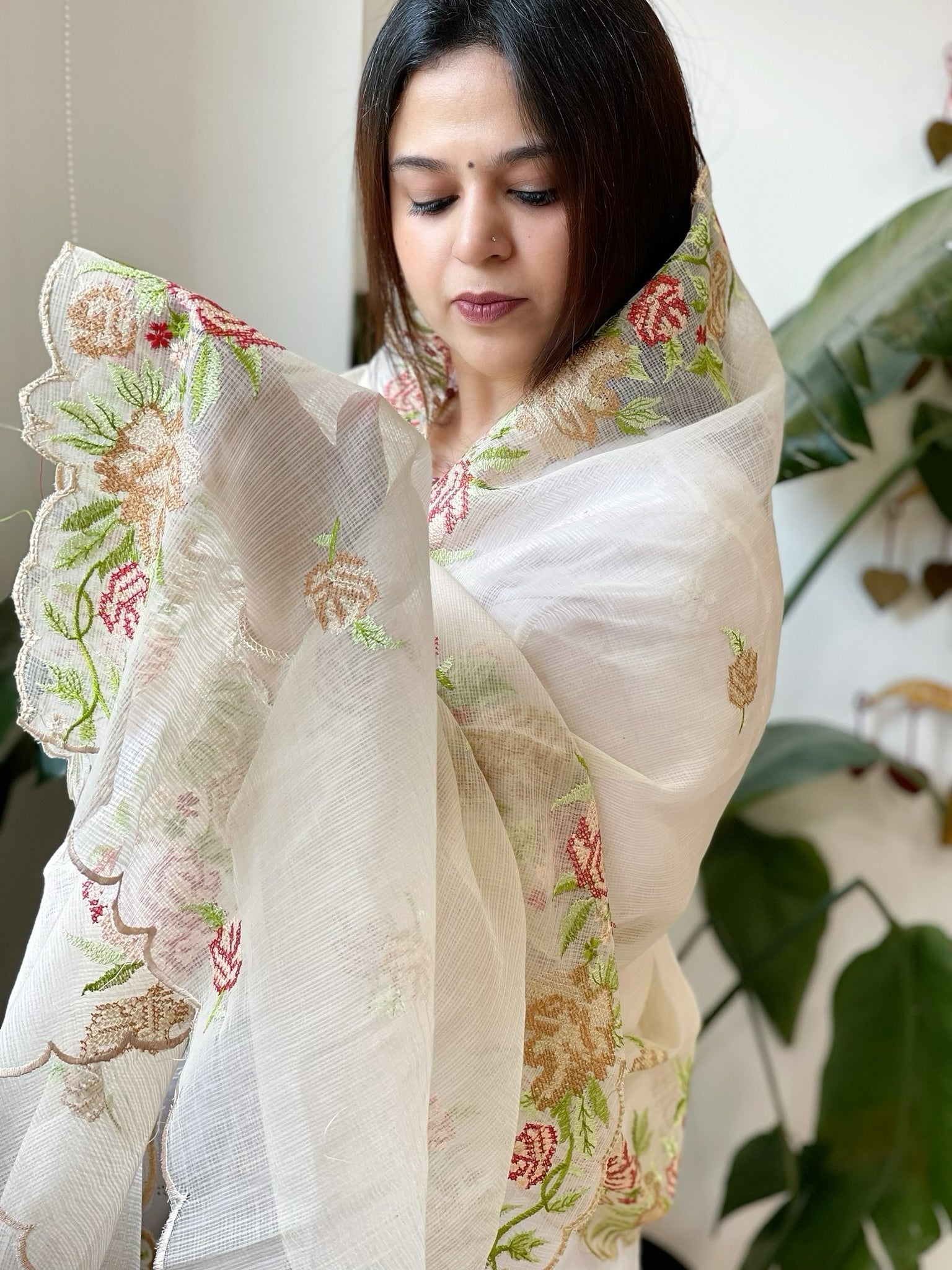 Beige Kota Cotton Dupatta with Cross - Stitch Embroidered Border - Masakalee