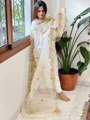 Beige Kota Cotton Dupatta with Cross - Stitch Embroidered Border - Masakalee