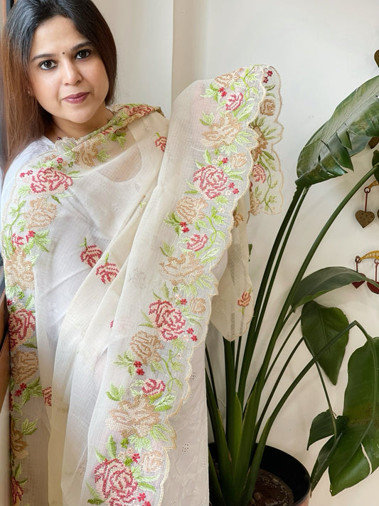 Beige Kota Cotton Dupatta with Cross - Stitch Embroidered Border - Masakalee
