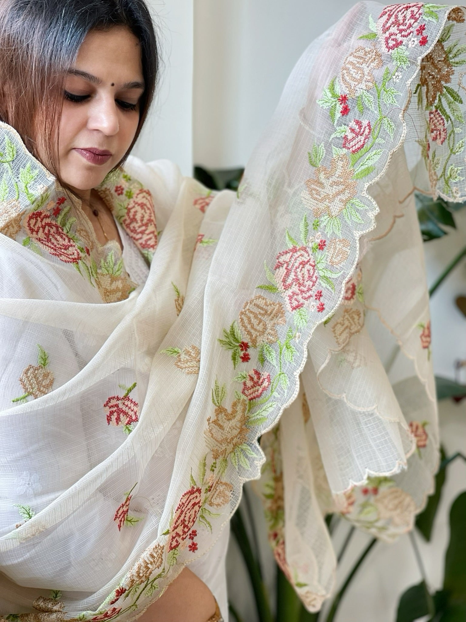 Beige Kota Cotton Dupatta with Cross - Stitch Embroidered Border - Masakalee
