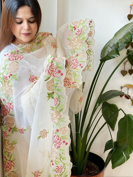 Beige Kota Cotton Dupatta with Cross - Stitch Embroidered Border - Masakalee