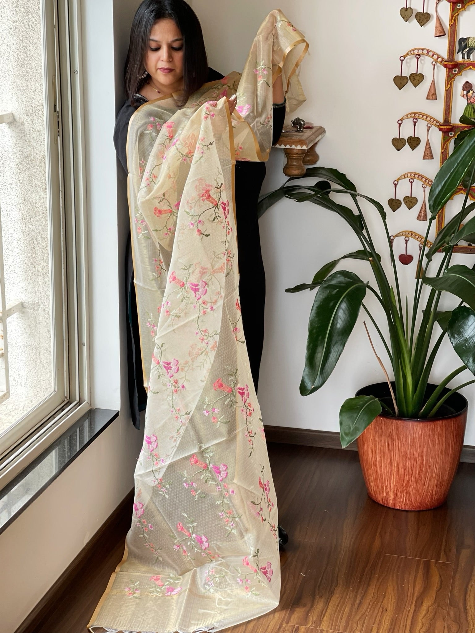 Beige Kota Organza Dupatta with cross - stitch Jaal embroidery - Masakalee