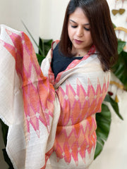Beige, Orange, Pink Woven Ikat Pashmina Stole - Masakalee