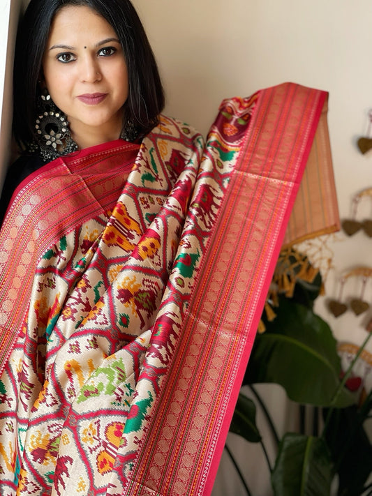 Beige Printed Patola Dupatta in Fine Art Silk - Masakalee