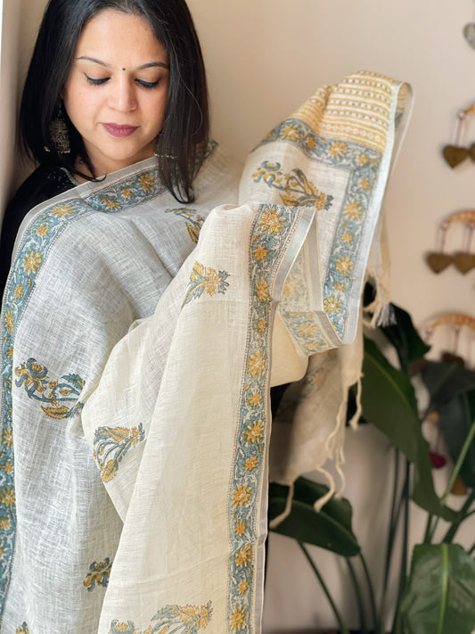 Beige Pure Linen Handblock Printed Dupatta - Masakalee