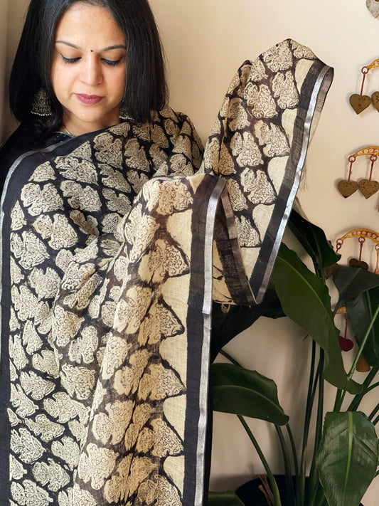 Beige Pure Linen Handblock Printed Dupatta - Masakalee