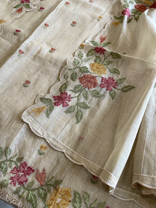 Beige Suit Set with Cross-Stitch Embroidery in Chanderi - Masakalee
