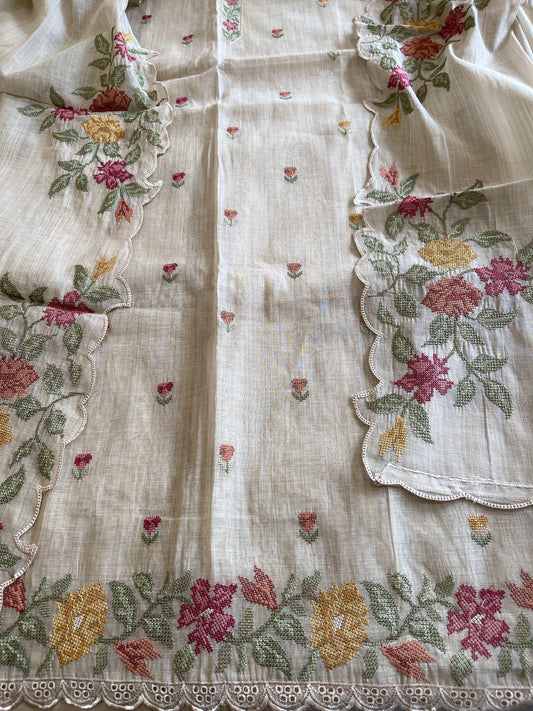 Beige Suit Set with Cross-Stitch Embroidery in Chanderi - Masakalee