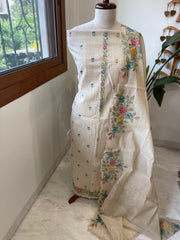 Beige Suit Set with Cross-Stitch Embroidery in Chanderi - Masakalee