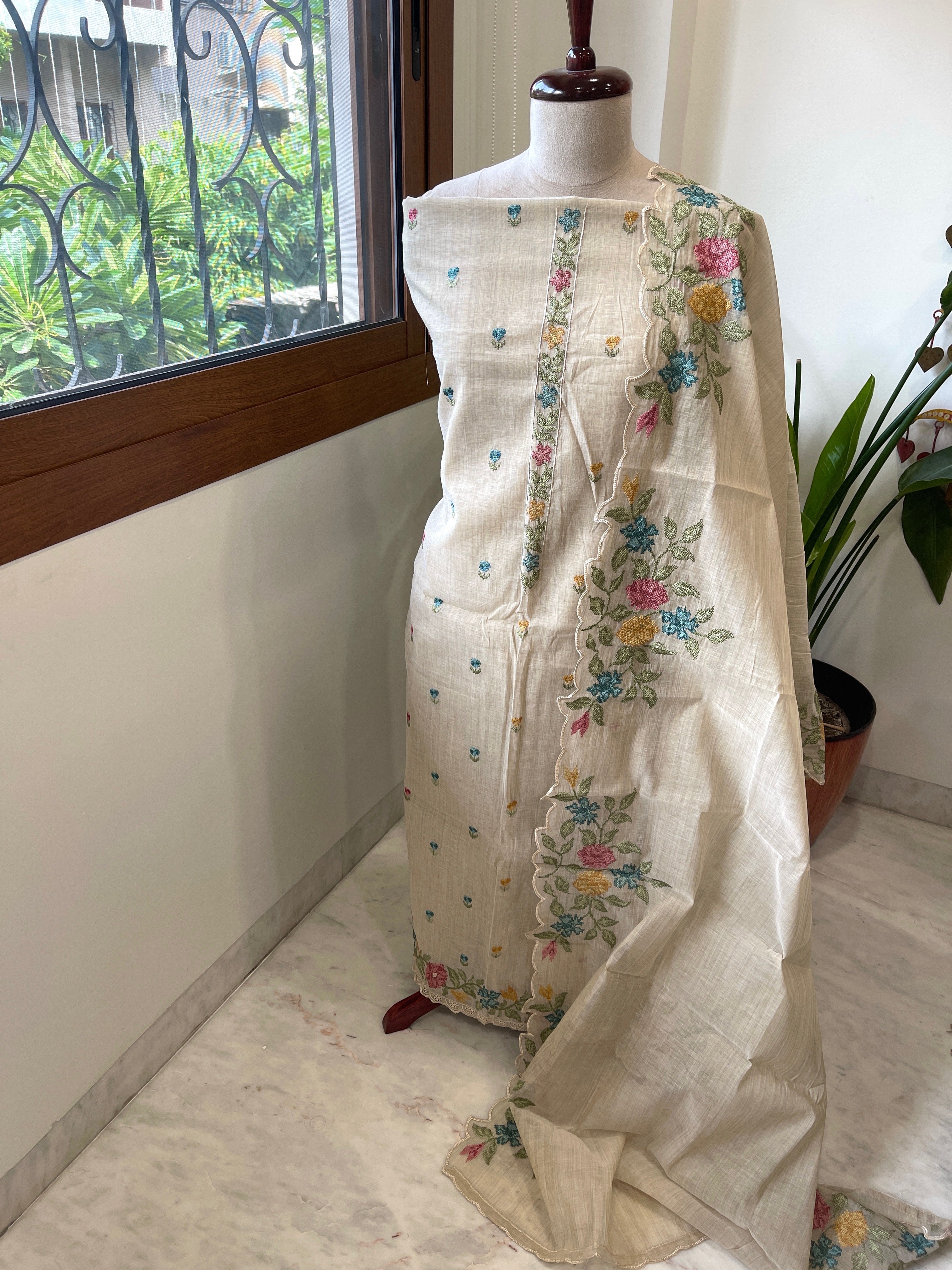 Beige Suit Set with Cross-Stitch Embroidery in Chanderi - Masakalee