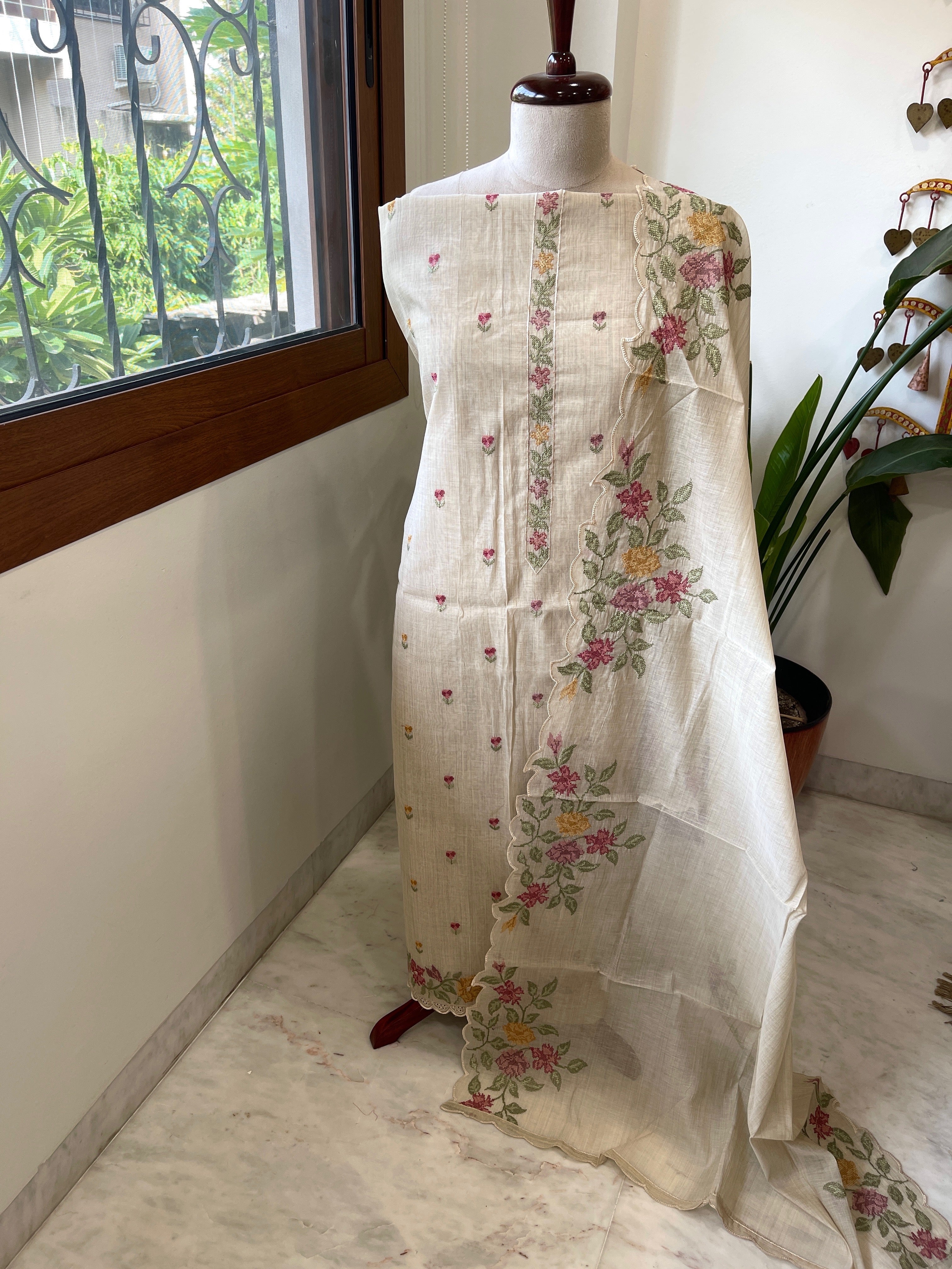 Beige Suit Set with Cross-Stitch Embroidery in Chanderi - Masakalee