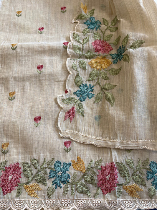 Beige Suit Set with Cross-Stitch Embroidery in Chanderi - Masakalee