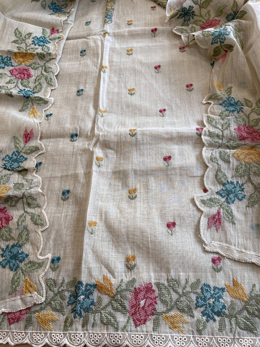 Beige Suit Set with Cross-Stitch Embroidery in Chanderi - Masakalee