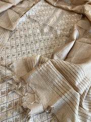 Beige Suit Set with Hand Embroidery in Pure Tussar Silk - Masakalee