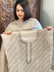 Beige Suit Set with Hand Embroidery in Pure Tussar Silk - Masakalee