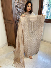 Beige Suit Set with Hand Embroidery in Pure Tussar Silk - Masakalee