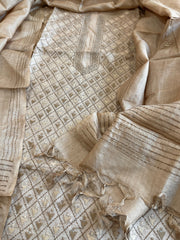 Beige Suit Set with Hand Embroidery in Pure Tussar Silk - Masakalee