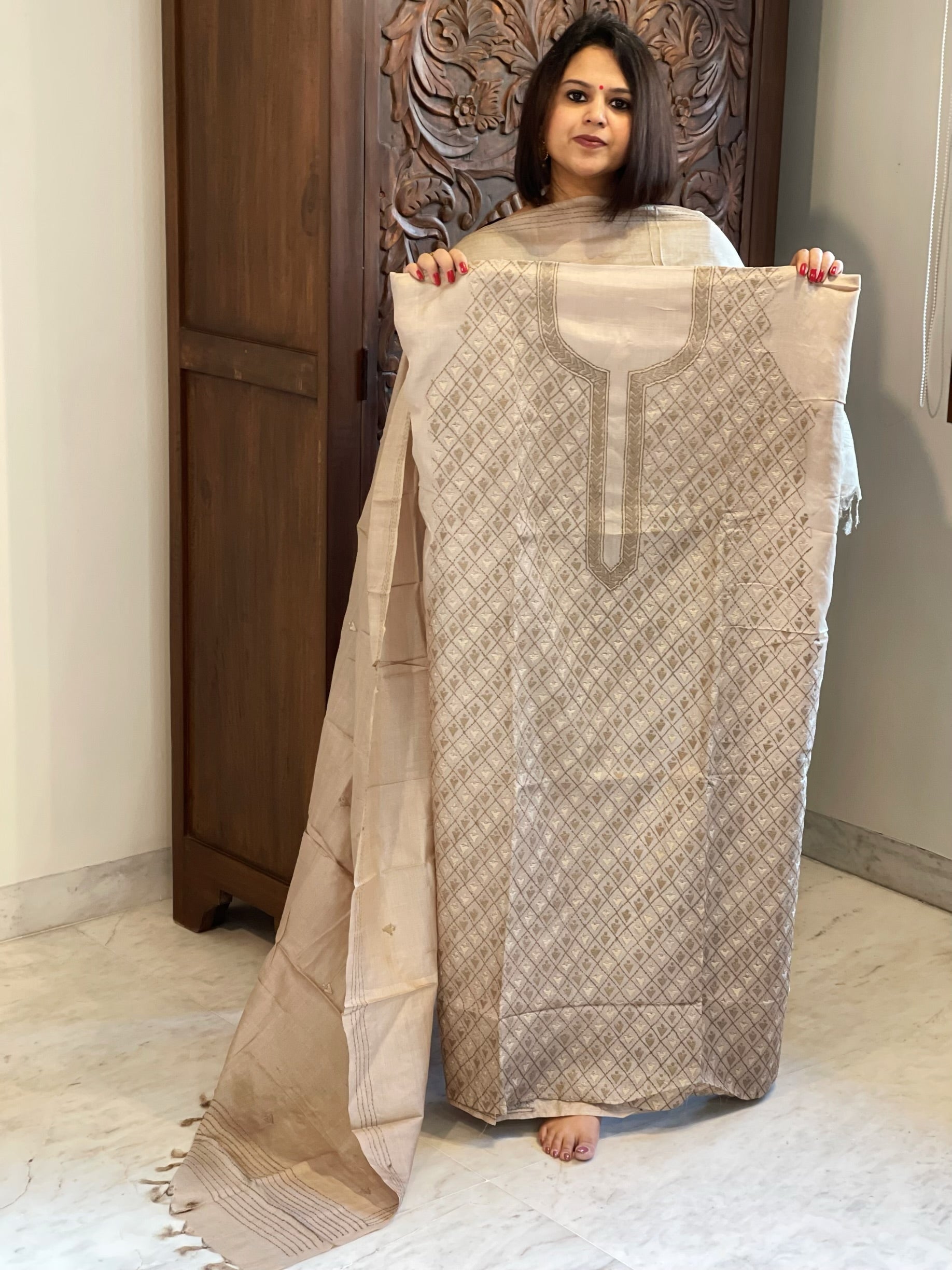 Beige Suit Set with Hand Embroidery in Pure Tussar Silk - Masakalee
