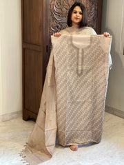 Beige Suit Set with Hand Embroidery in Pure Tussar Silk - Masakalee