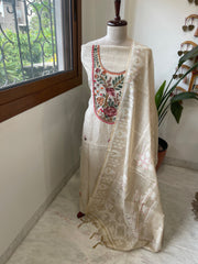 Beige Suit Set with Handpainting and Kantha Stitch Hand Embroidery in Chanderi - Masakalee