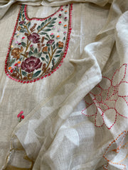 Beige Suit Set with Handpainting and Kantha Stitch Hand Embroidery in Chanderi - Masakalee